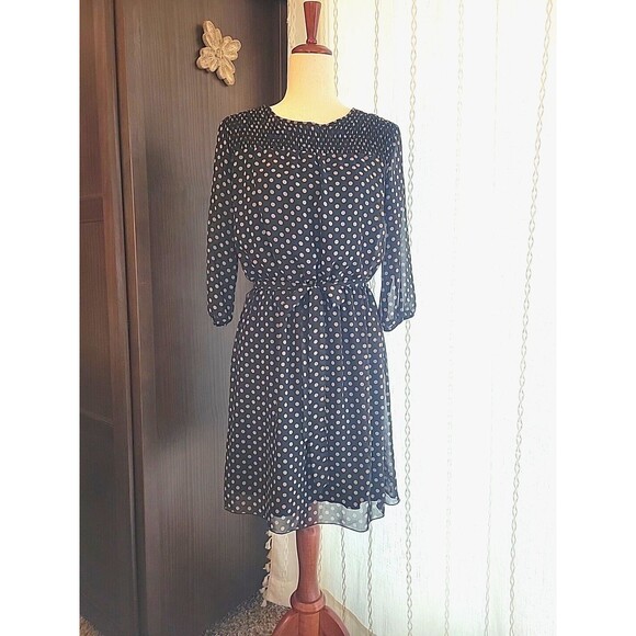 Enfocus Studio Blouson Dress Black Tan Polka Dot Bow Tie Waist Size 10‎ - Picture 1 of 8